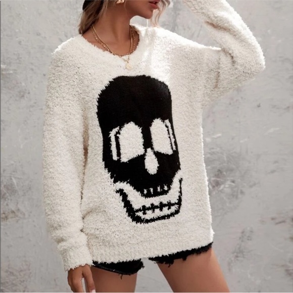 skeleton fuzzy black and white sweater size small - Picture 6 of 6